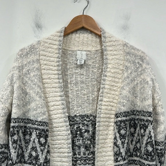 Joie Intarsia Long Wool Blend Open Cardigan in Grey Cream Oversized XS - Picture 2 of 9